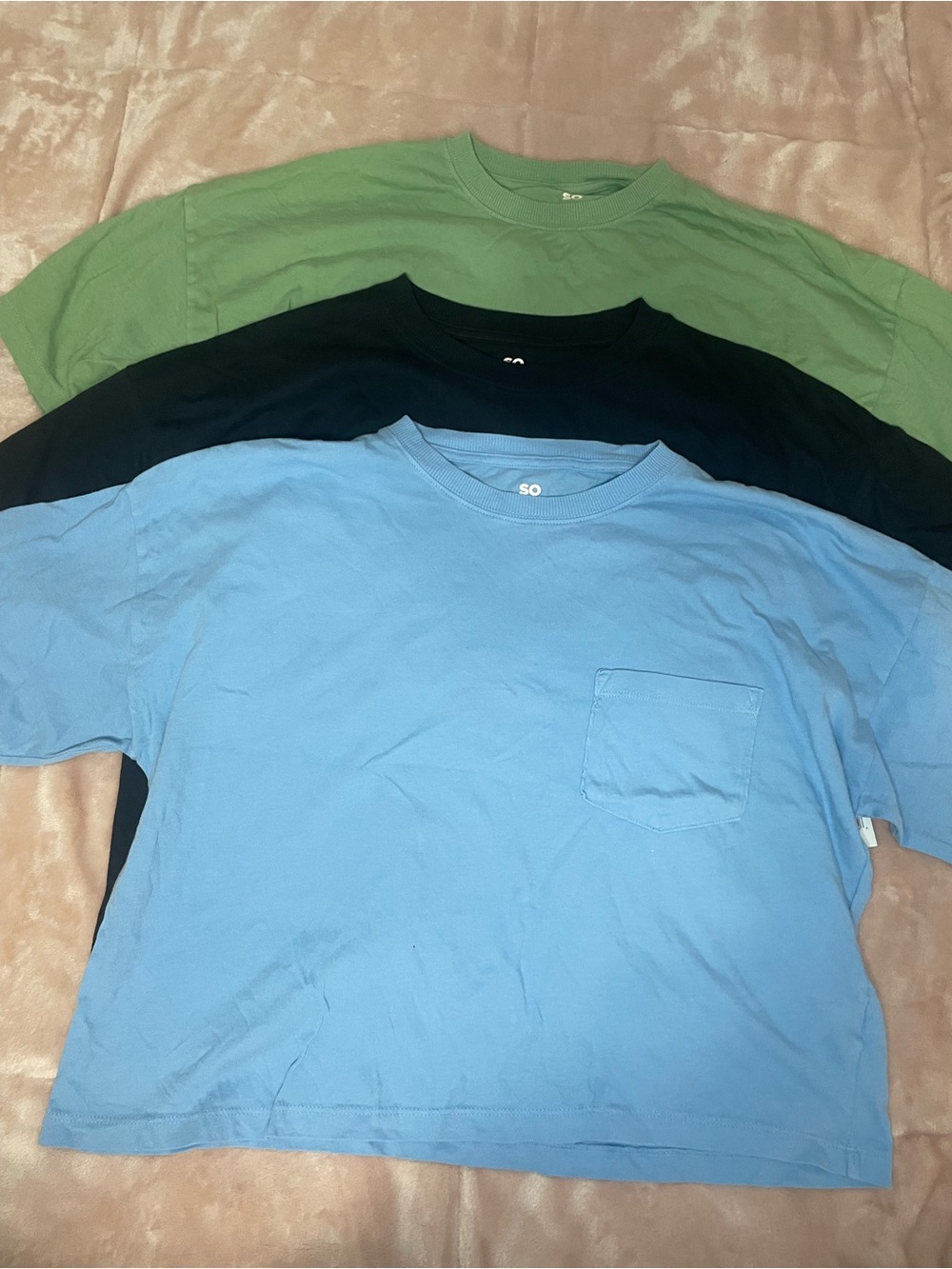 SO Women's Crop Pocket Tee Trio - Light Blue, Black, Green